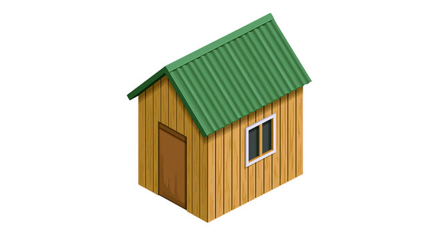Small wooden cabin with green corrugated roof and brown door, isolated on transparent background