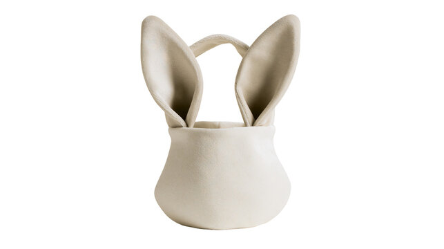 Plush bunny ear basket with handle, isolated on transparent background