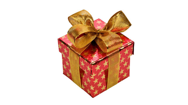 Red gift box with golden stars and bow, isolated on transparent background