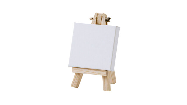 Small wooden easel holding a blank white canvas, isolated on transparent background