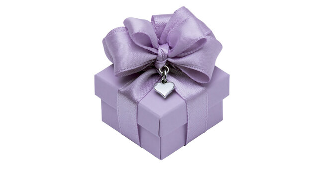 Lilac gift box with satin ribbon bow and heart charm, isolated on transparent background