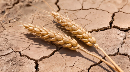 Naklejka premium Parched wheat stalks resting on cracked desert soil. Agricultural failure and extreme drought conditions in arid environment.