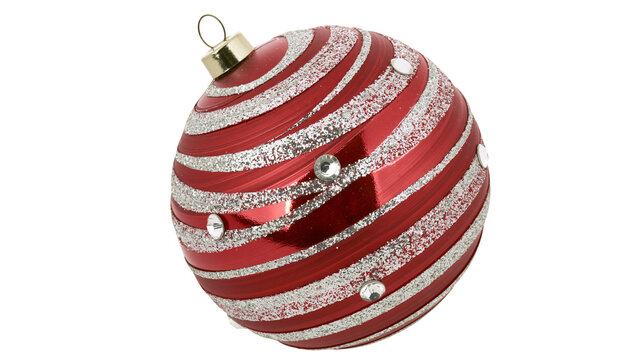 Red spiral striped Christmas ornament with glitter and rhinestones, isolated on transparent background