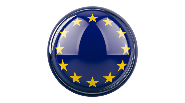 Glossy circular European Union flag emblem with yellow stars, isolated on transparent background