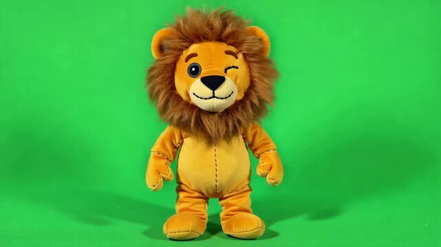 Cute plush lion toy standing on green screen with soft shadows cinematic motion
