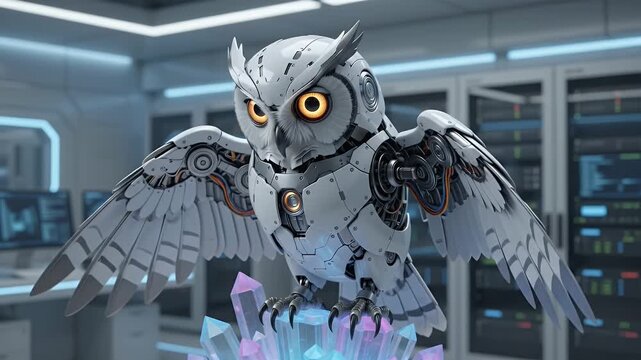 Futuristic robotic owl with glowing eyes standing on crystals in a high-tech server room