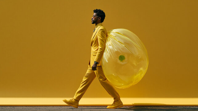 Man in Yellow Suit Carrying Large Sphere Studio Monochrome