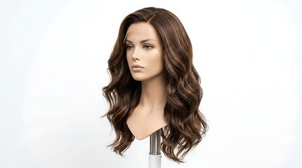 Fototapeta premium Brunette Wavy Lace Front Wig on Mannequin Head Isolated on White Background for Hair Fashion Display