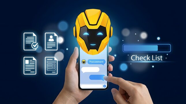 Human hand holding smartphone displaying robotic procurement assistant with digital checklist.