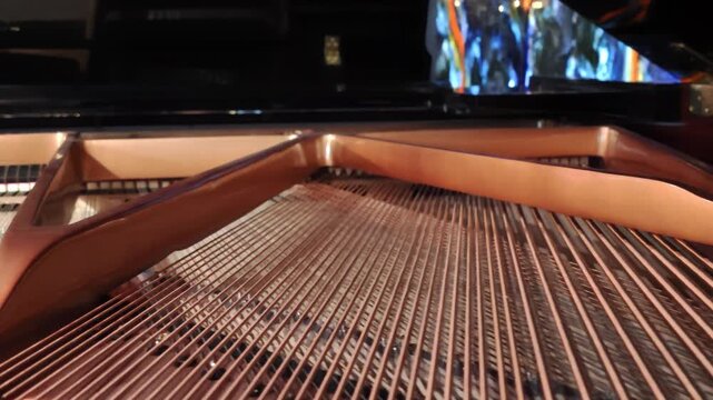 Detailed interior view of grand piano showing copper strings, curved wooden rim, metal plate, and warm amber lighting, creating rich gloss, fine texture, and refined classical mood