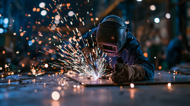Industrial Welder Working on Metal Structure with Flying Sparks