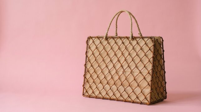 Brown cardboard shopping bag inside a decorative wire mesh frame with rope handles. Minimalist studio setup on a solid pink background representing modern retail packaging.