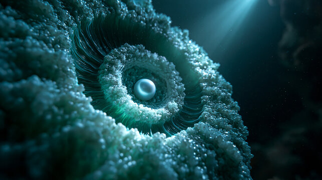 Luminous Pearl Resting Inside Glowing Underwater Coral Structure