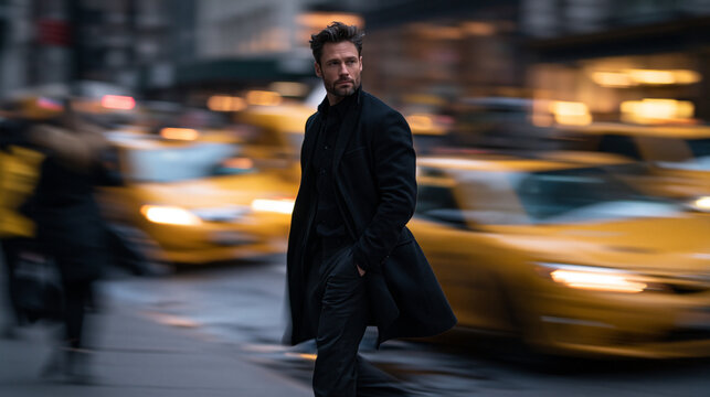 Stylish Man Walking in City Street with Blurred Yellow Taxis