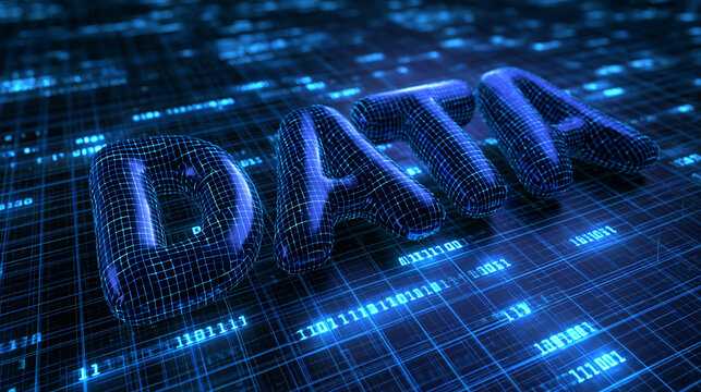 Digital 3D Data Text on Binary Code Background