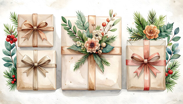 Festive gift boxes with floral decorations and ribbons. Elegant holiday presents for celebrations.