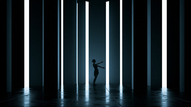 Silhouette of Woman Dancing in Futuristic Light Installation Space
