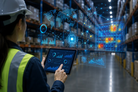 Warehouse employee using tablet with augmented reality logistics dashboard, global map, inventory heatmap and connected supply chain analytics inside a large modern distribution center facility