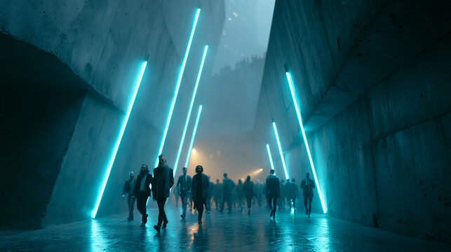 Business Executives Walking Through Futuristic Sci-Fi Concrete Alleyway