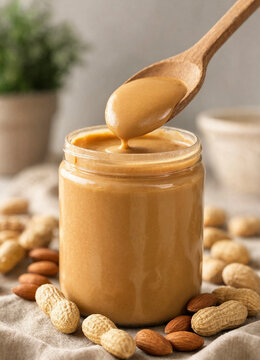 Nut butter drips from a wooden spoon into a jar surrounded by peanuts and almonds on a neutral background. The composition highlights texture and natural ingredients for food packaging or recipes.