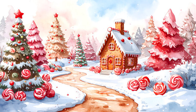 Winter landscape with cozy cottage and snow-covered trees. Scenic snowy scene with festive holiday mood.