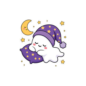 Adorable sleeping ghost cartoon character with pillow and moon