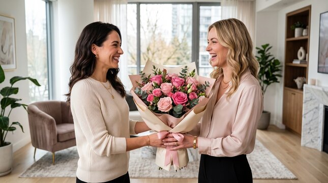 Two happy women exchanging a bouquet of pink roses with depicts two smiling roses bright living mother s day living room relationship celebration