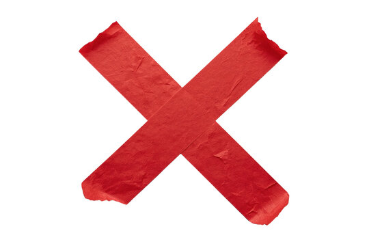 Wide red tape X symbol with uneven torn ends