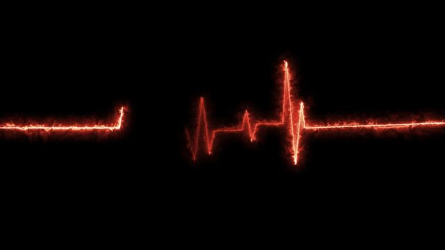 Electrocardiogram waves pulsing with warm orange light against a deep black background representing life's rhythm