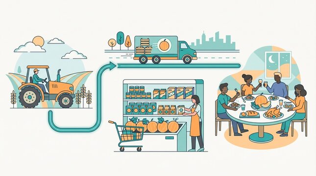 Infographic showing the journey from the tractor in the field, supply chain logistics, supermarket counter to the dinner table. Farm to Table Flow concept. Flat illustration for graphic resource