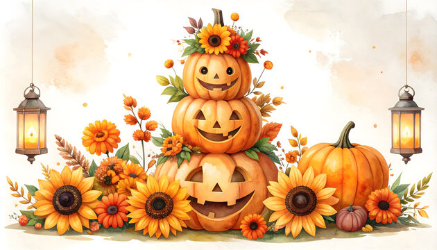 Festive Halloween pumpkin display with sunflowers and lanterns. Autumn seasonal decor for celebration and harvest.
