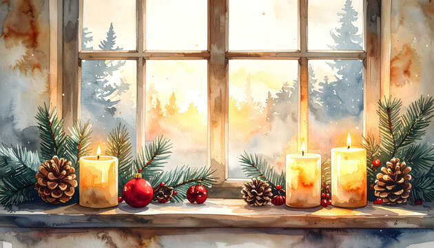 Festive holiday scene with glowing candles and pine decorations. Warm, cozy Christmas setting with natural light.