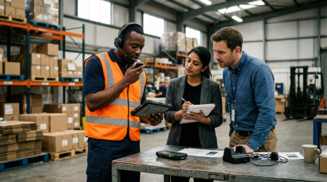 Designer and engineer observing a warehouse worker testing a voice-driven handheld prototype on a worktable