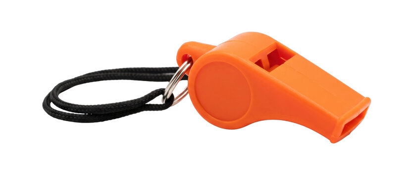 Bright orange plastic whistle with black lanyard on a white background