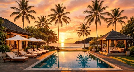 Fototapeta premium Luxury tropical resort pool at sunset. Exotic beach villa with palm trees and ocean view.