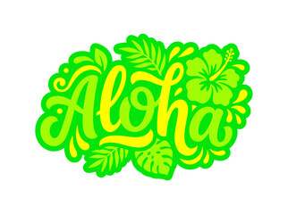 Aloha Word Art with Tropical Leaves and Flower © bibidj