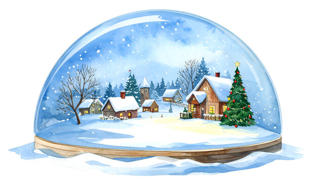 Winter snow globe scene with cozy village and glowing firefly. Festive holiday decoration with magical winter atmosphere.