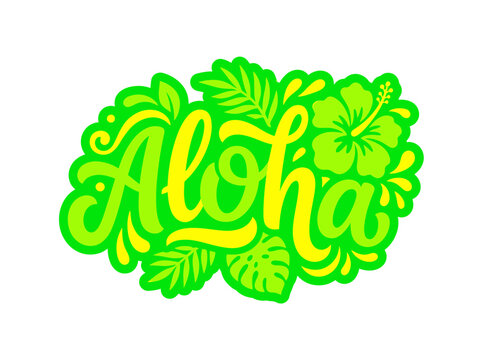Aloha Word Art with Tropical Leaves and Flower