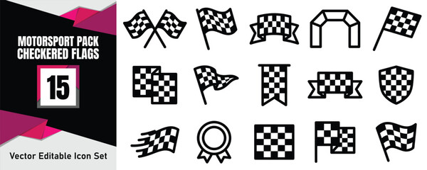 Fototapeta premium Set of fifteen black and white checkered flag icons for motorsport racing and competition design elements