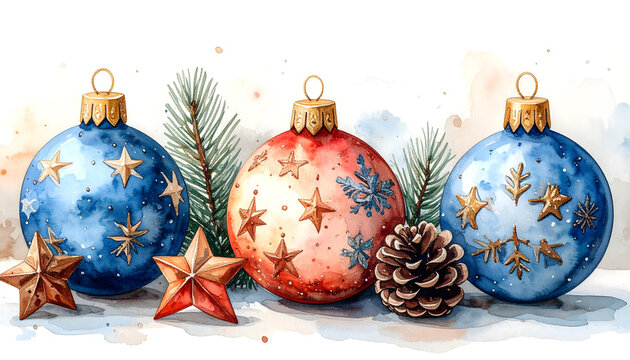 Festive Christmas ornaments with pinecones and stars. Holiday decoration scene with colorful baubles and winter accents.