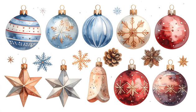 Festive Christmas ornaments and decorations for holiday celebrations. Elegant holiday decor with shiny baubles and stars.