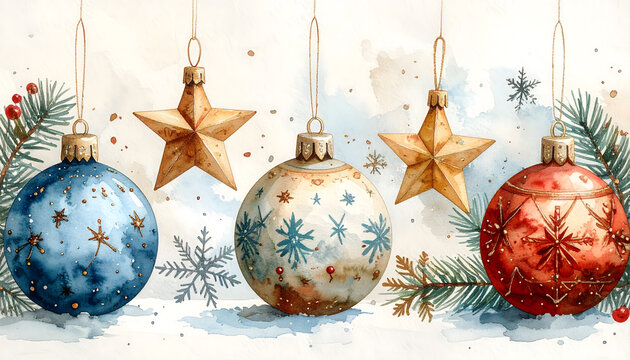Festive Christmas ornaments hanging on a branch. Holiday decorations with stars and baubles for seasonal celebrations.