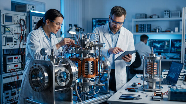 Photoreal startup-lab scene with researchers beside a compact fusion coil prototype, a vacuum chamber flange, and a clean tabletop model reactor. Cool blue light, optimistic mood, realistic metal