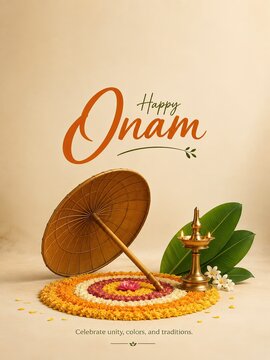 Happy Onam creative social media post. Traditional Kerala festival floral pookalam design.
