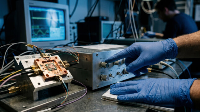 Quantum control bench with copper chip mount, fiber connectors, calibration dials, and gloved hands in a research laboratory.