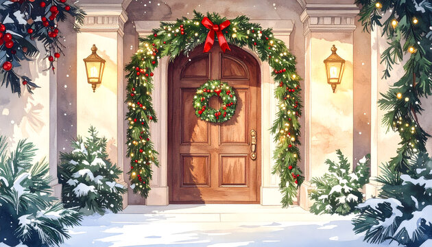 Festive holiday scene with decorated door and Christmas lights. Warm, inviting winter setting with holiday decor and snow.