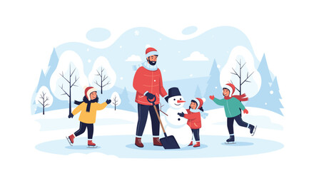 Fototapeta premium Happy family with active young children building a snowman and having fun in the snowy winter forest park on weekend.