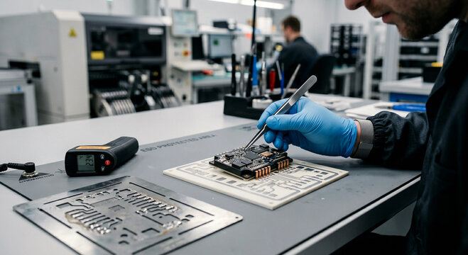 Electronics engineer aligning an EV power module on a ceramic substrate at an ESD bench with solder stencil, tweezers, and infrared thermometer.