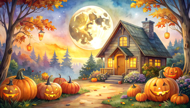 Enchanting Halloween scene with glowing pumpkins and full moon. Spooky autumn landscape with a cozy cottage and vibrant fall foliage.