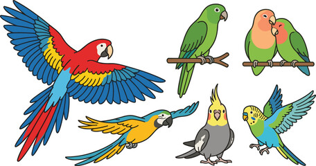 Exotic Parrot Vector Graphic Set Featuring Flying Scarlet Macaws Budgerigar Cockatiel Parakeet and Lovebirds for Tropical Nature Media Designs © Ismail